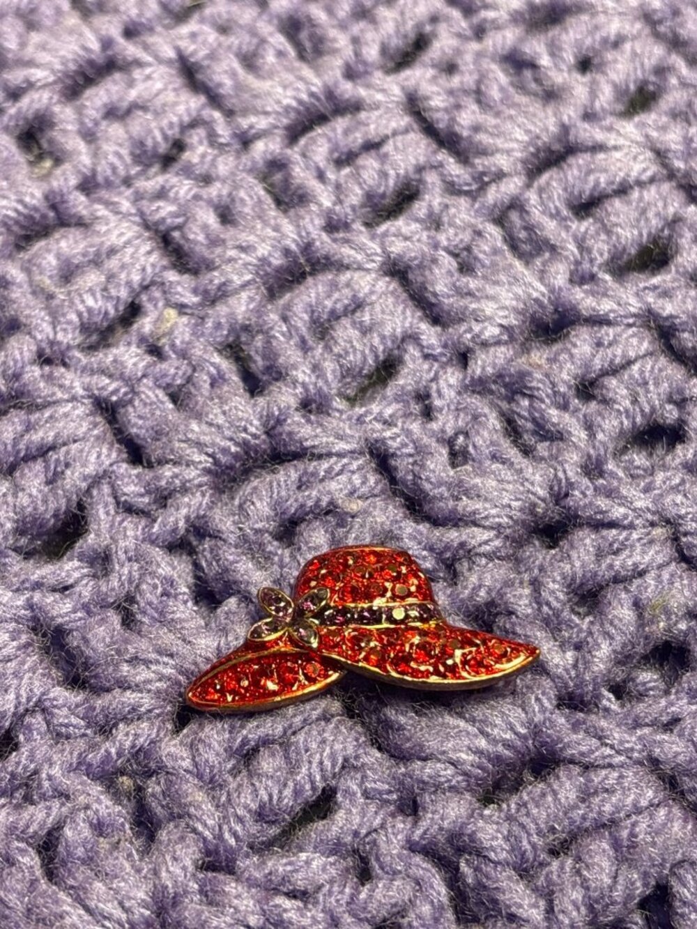 Red Purple Rhinestone Pave Hat Brooch Pendant 1.25 inches